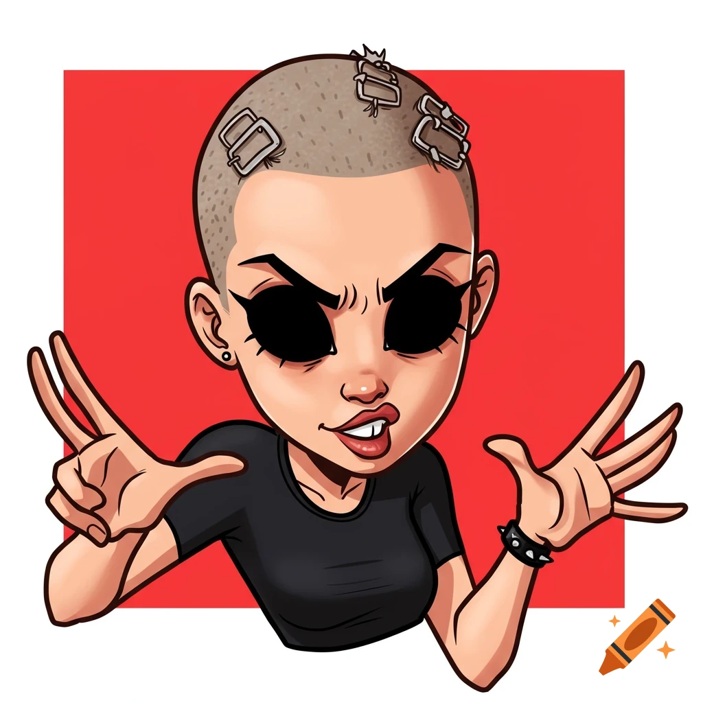 Cartoon portrait of a person with a buzzcut and black eyes making hand gestures.