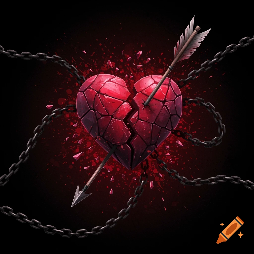 A shattered red heart pierced by an arrow, wrapped in chains against a black background with red splatter.