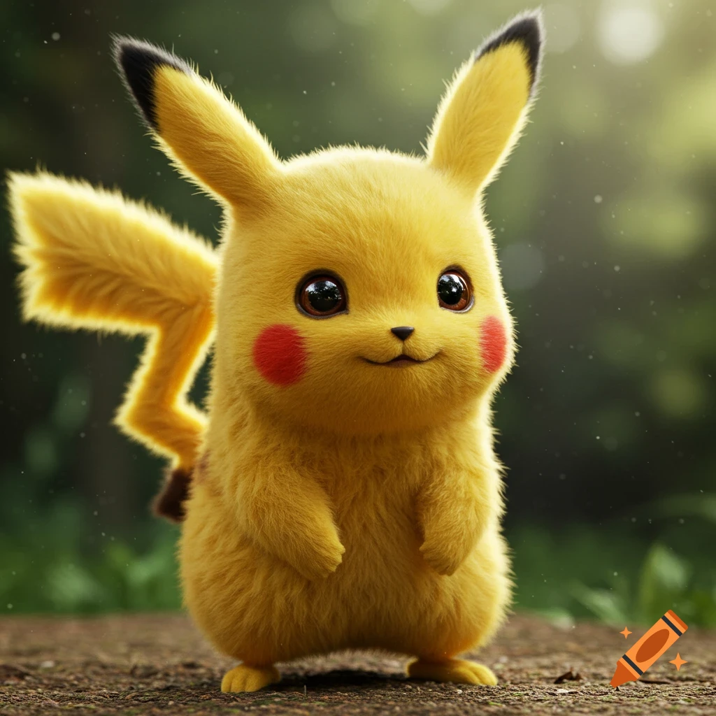 A photorealistic fluffy Pikachu standing on the ground