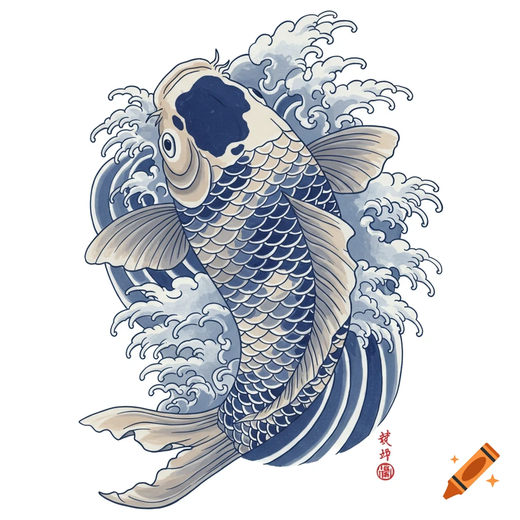 Illustration of a koi fish swimming through blue and white waves in a Japanese style.