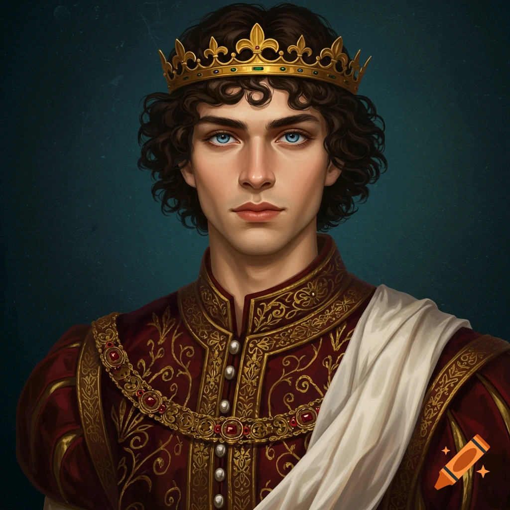 A young king in a gold crown and ornate red royal robe