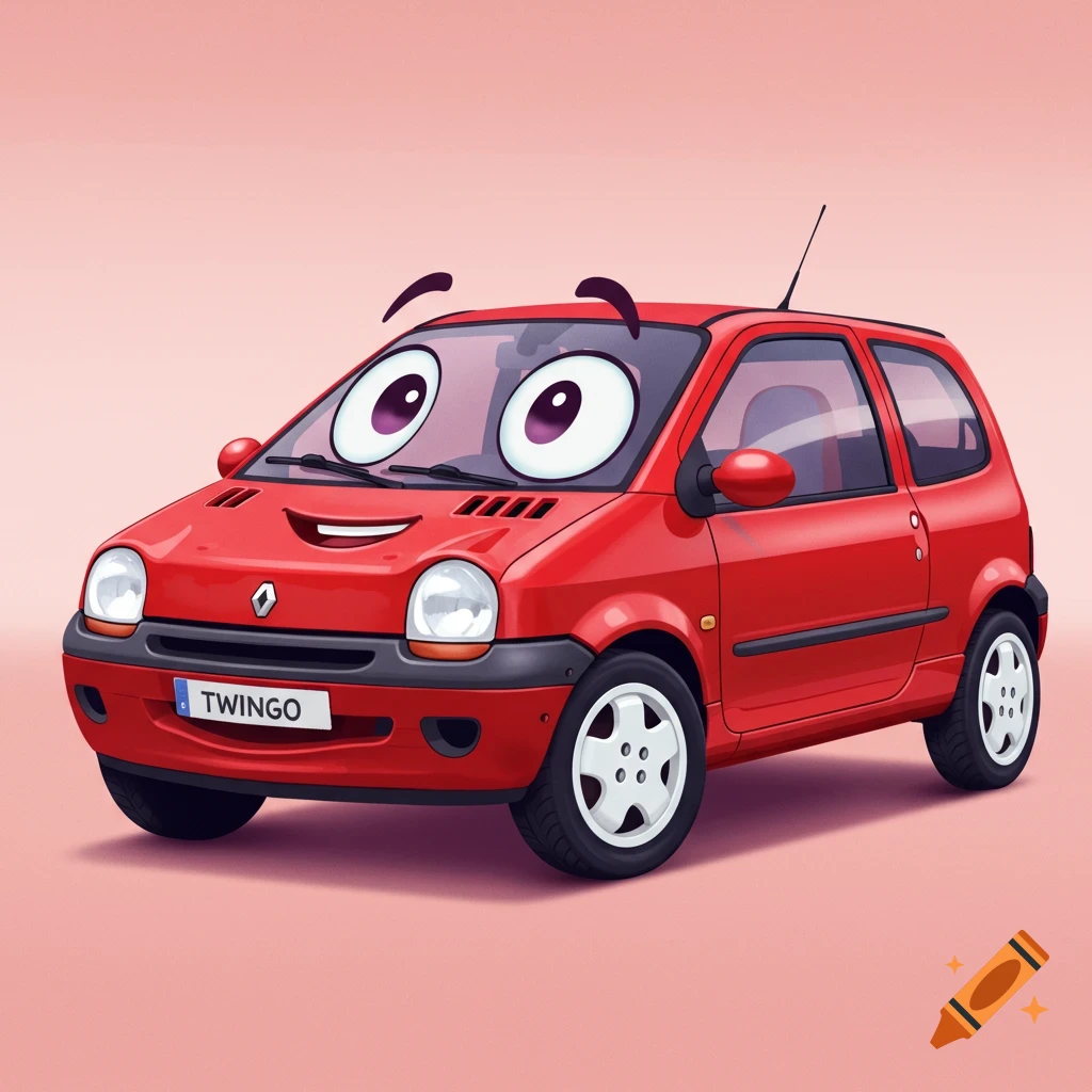 A red cartoon car is depicted with a smiling face and large eyes.