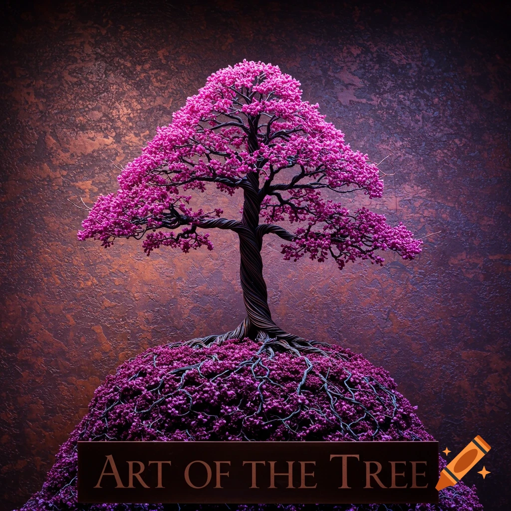 A detailed bonsai tree sculpture made of purple beads and wire sits on a mound, with a sign reading 'ART OF THE TREE' below it, against a textured wall.