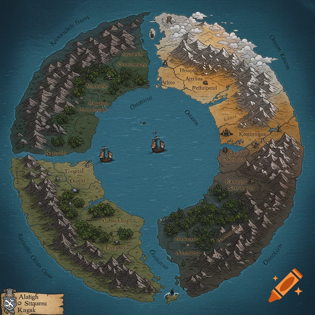 Hand-drawn fantasy map of a toroidal world with mountains, oceans, land, and ships.