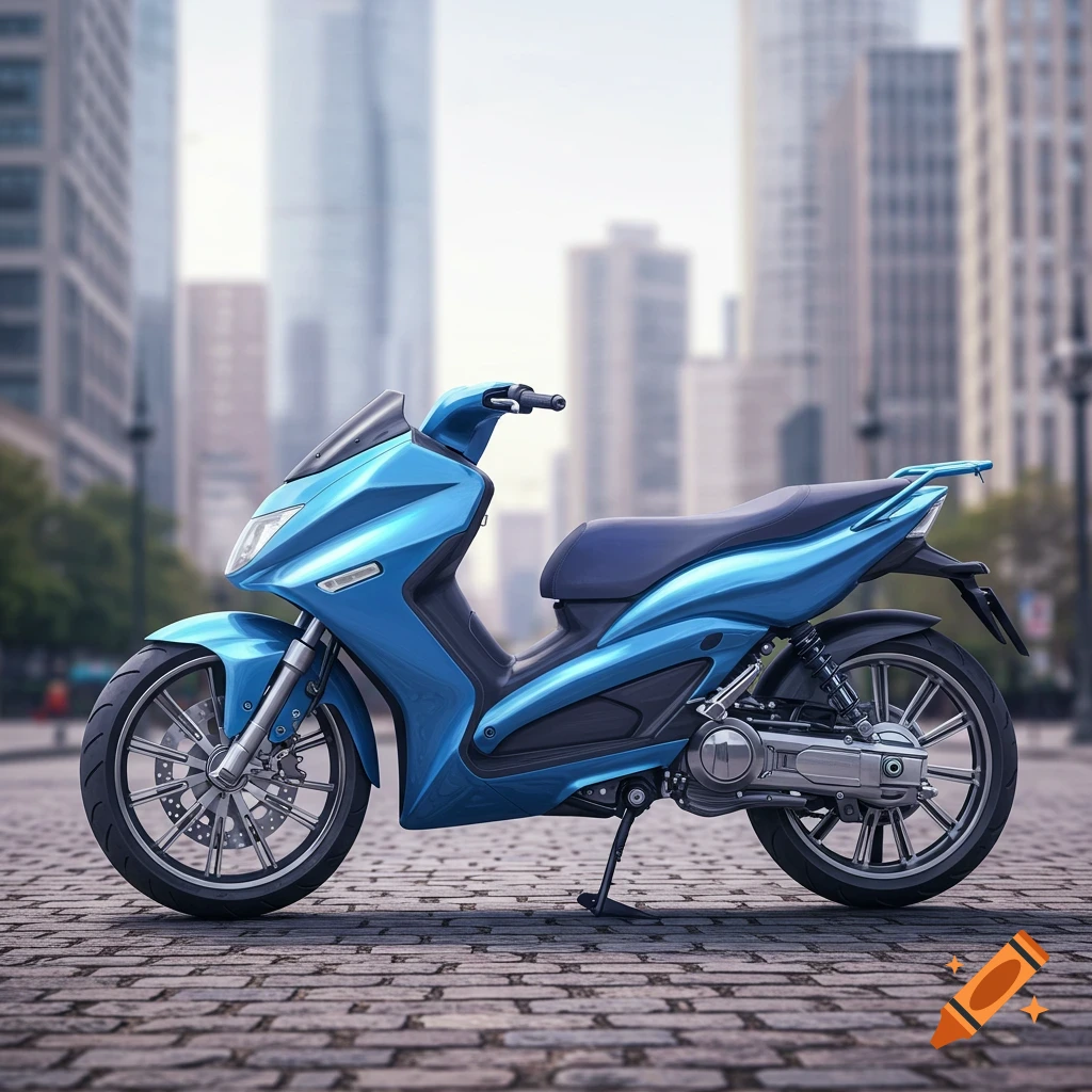 Blue scooter parked on a cobblestone city street with buildings in the background.