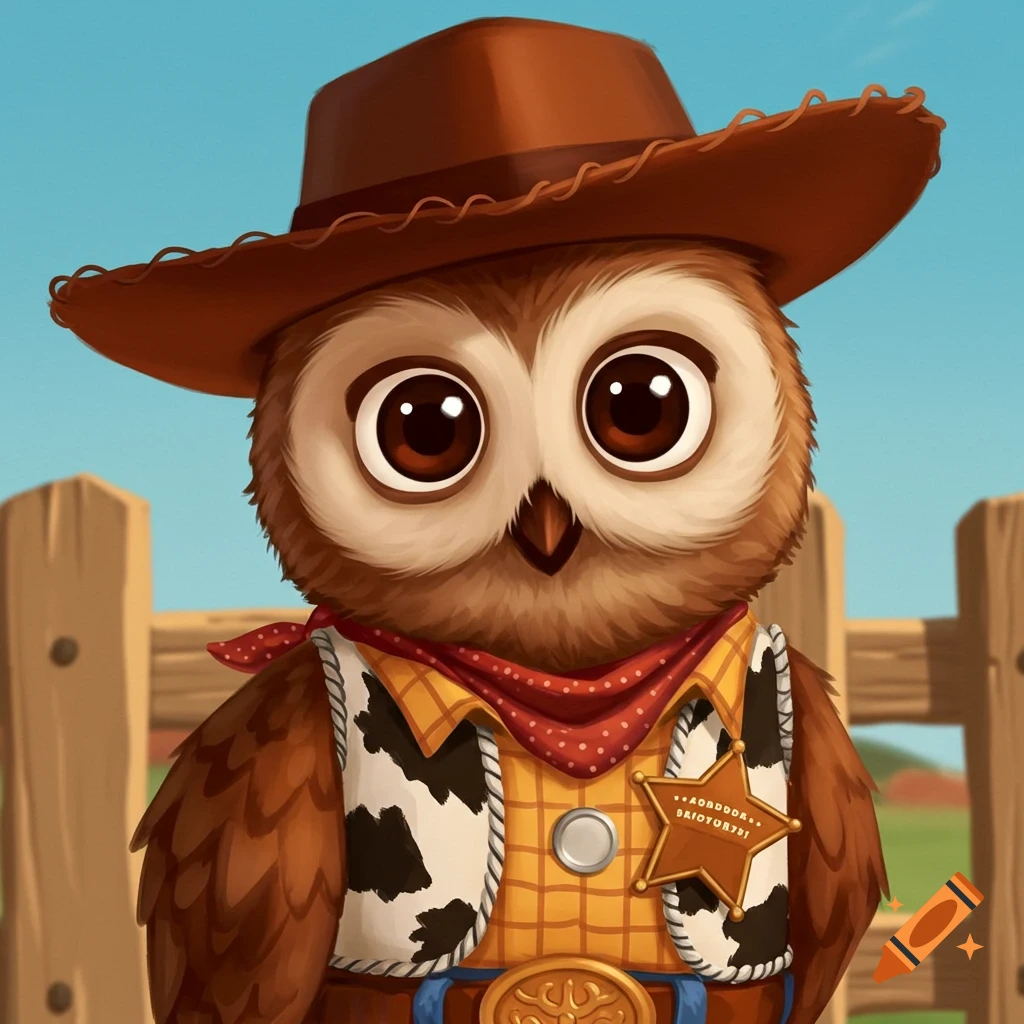 A cartoon owl dressed as Woody the cowboy stands by a wooden fence.