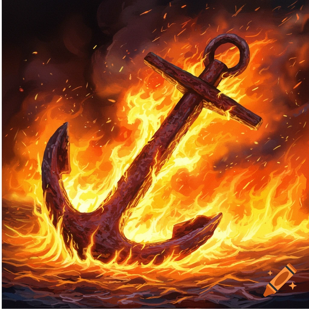 An anchor engulfed in flames.