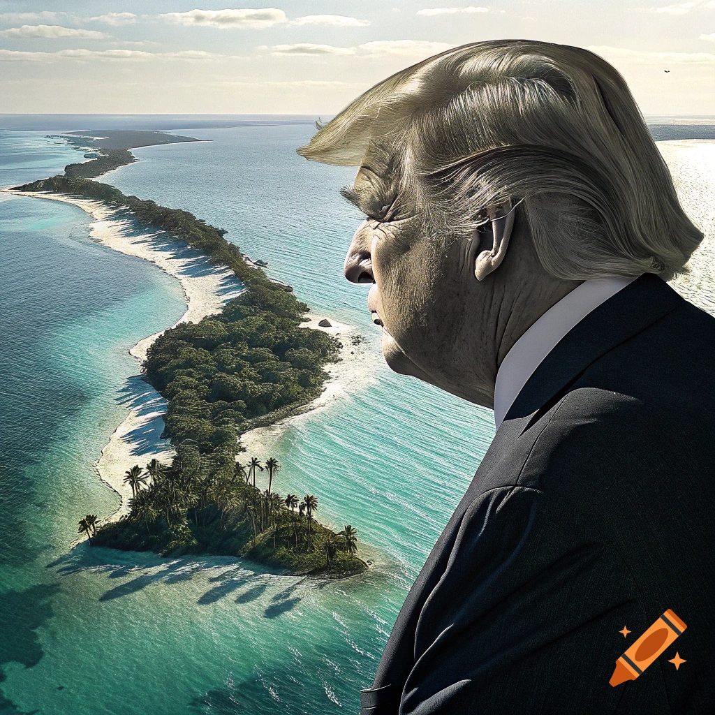 Photorealistic image of Donald Trump's profile looking over a tropical island beach.