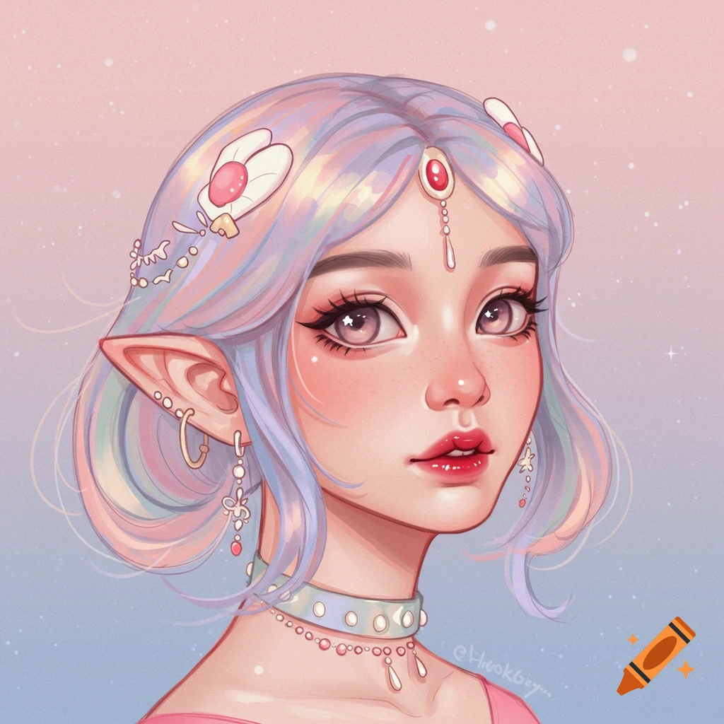 A fantasy character with pastel hair and pointy ears.
