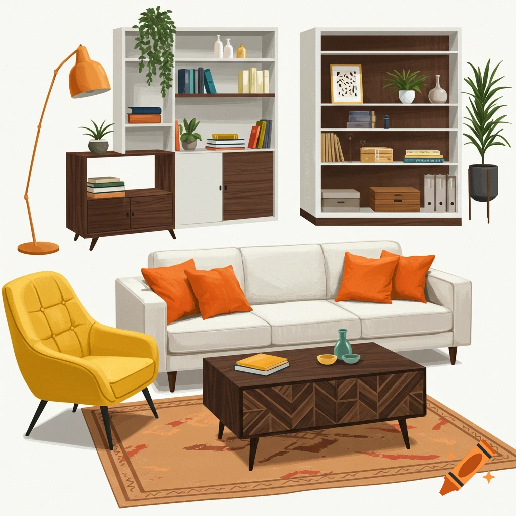living room furniture including a sofa, chair, coffee table, and bookshelves.