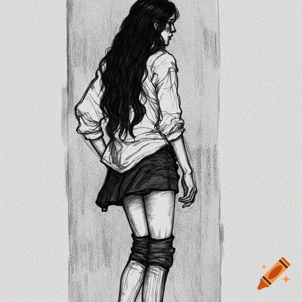 Black and white sketch of a woman from behind wearing a shirt, skirt, and knee-high socks.