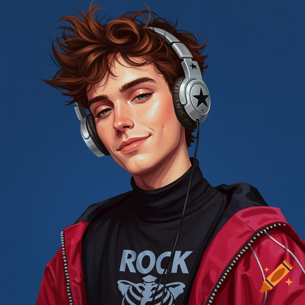 A young person wearing headphones and a ROCK shirt.