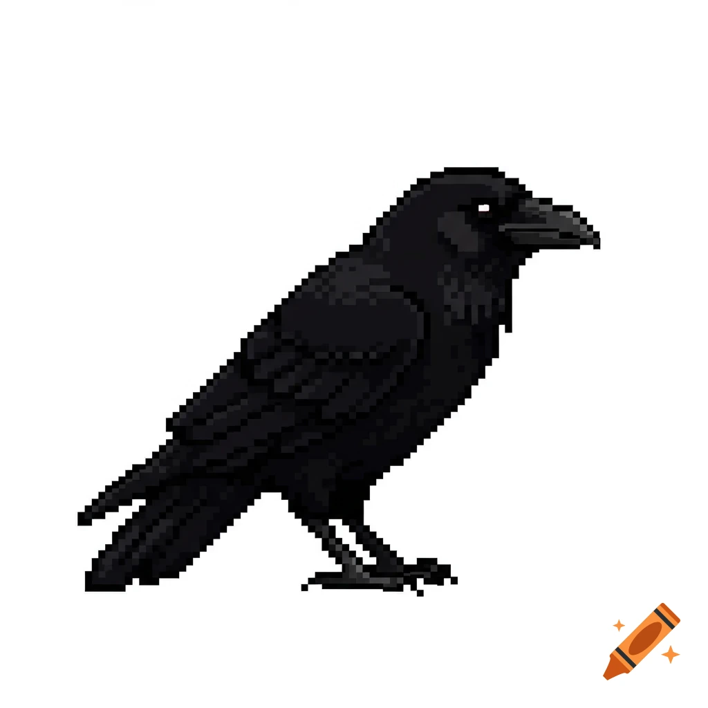 Pixel art of a black raven or crow