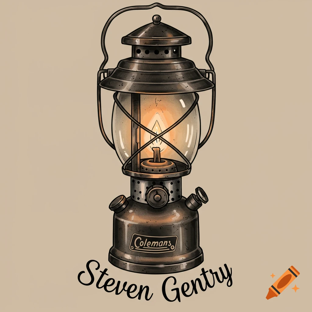 Illustration of a vintage Coleman lantern with the name Steven Gentry below.