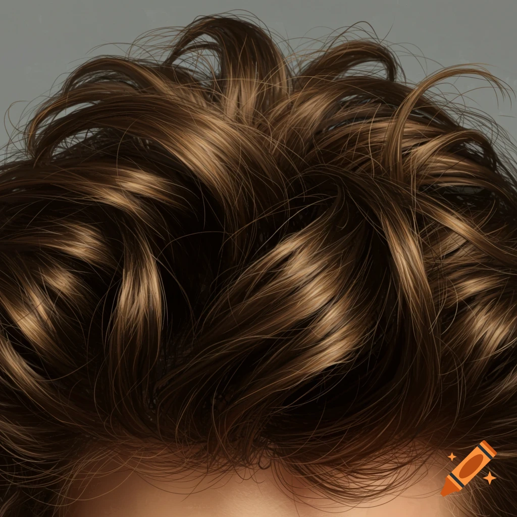 A close-up of messy, wavy brown hair.