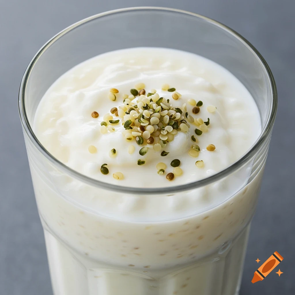 A glass of kefir topped with hemp hearts.