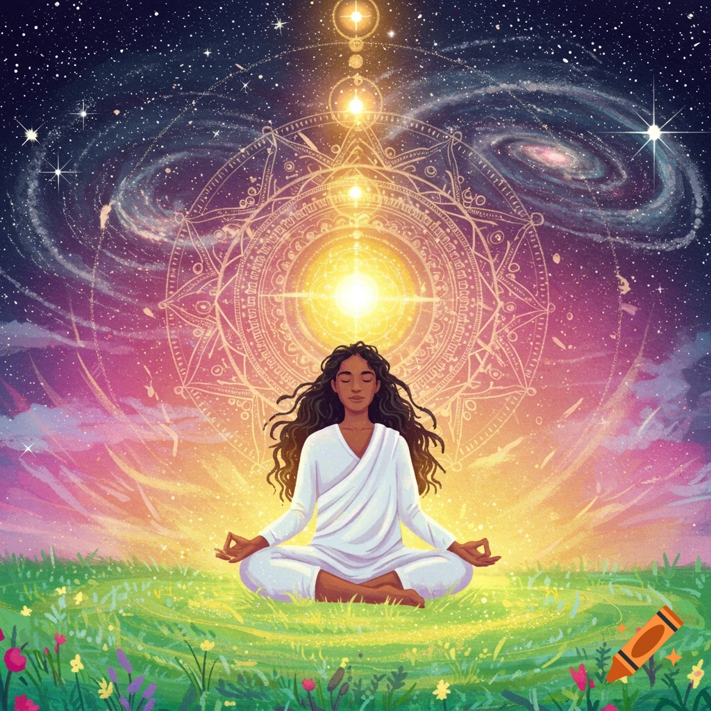 A person meditates in a field under a starry sky with a glowing spiritual mandala