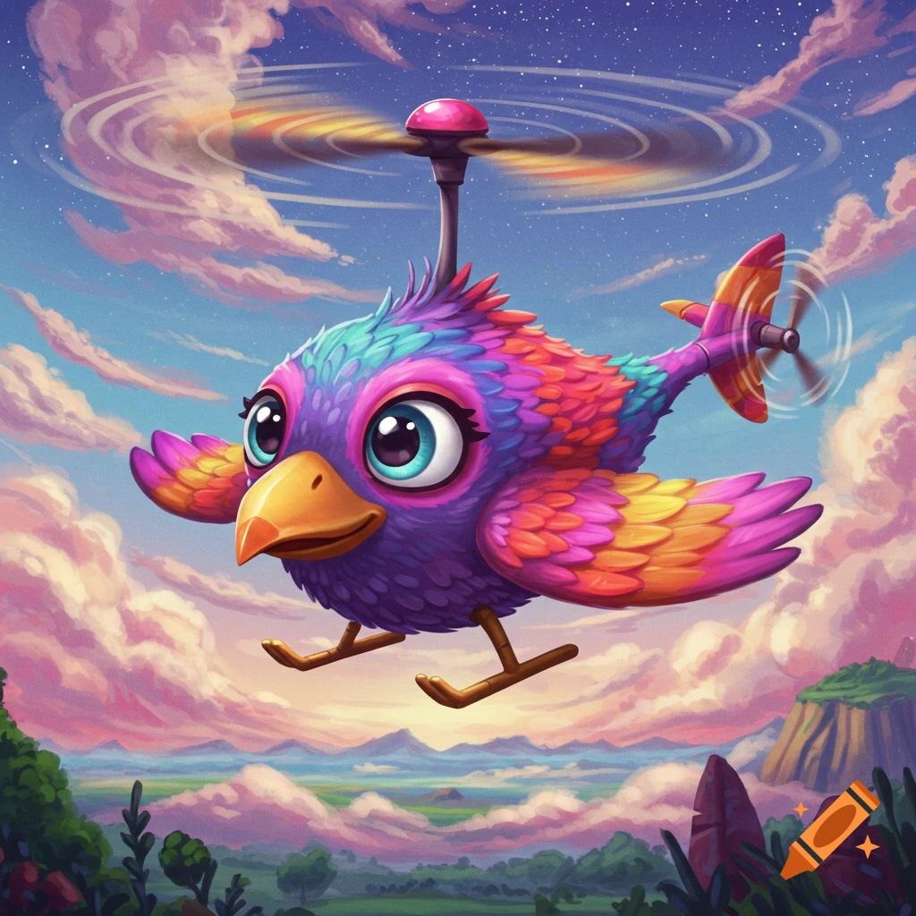 Colorful cartoon bird with helicopter blades flies through pink and blue clouds over a landscape.
