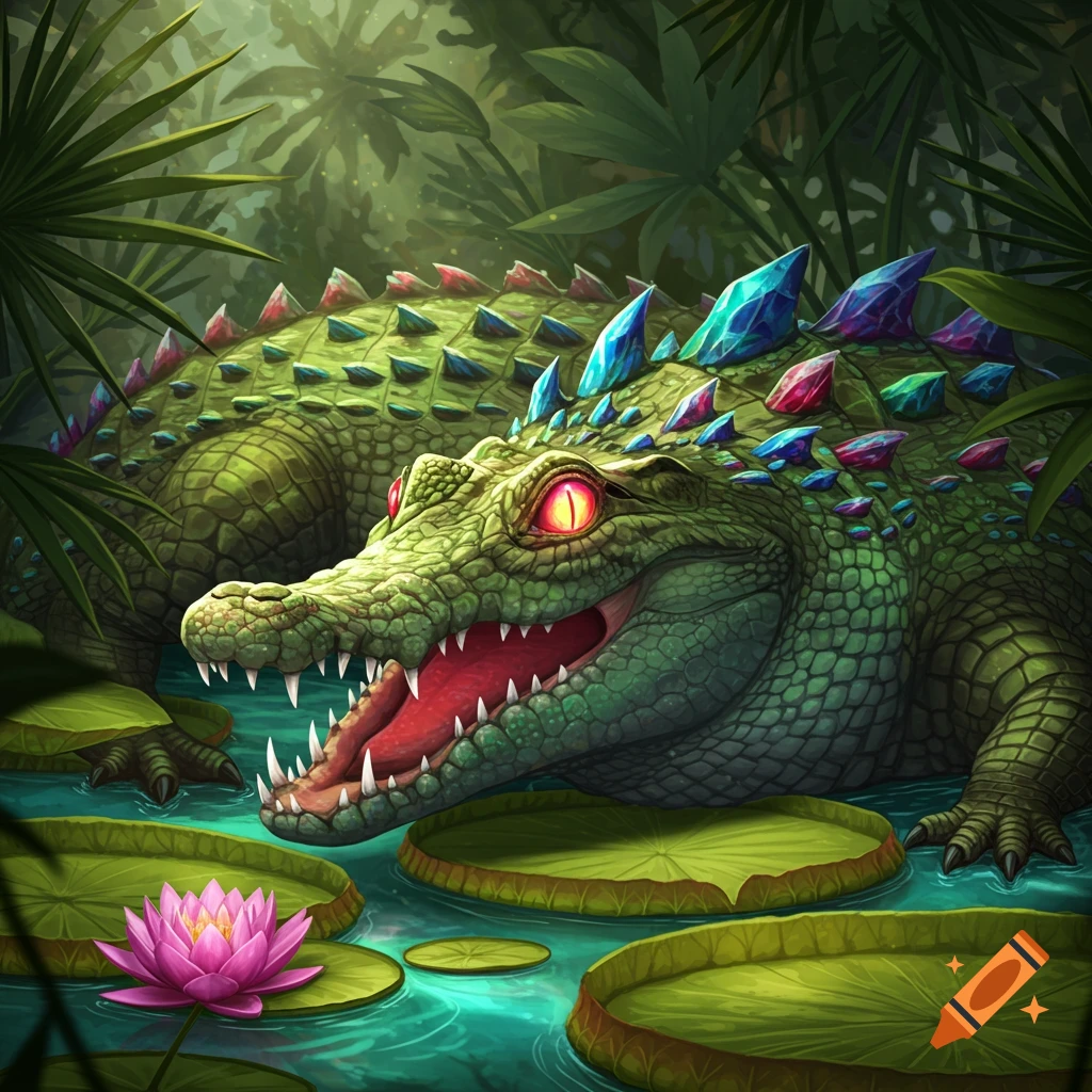 A stylized crocodile with gems on its back is in a jungle swamp with lily pads.