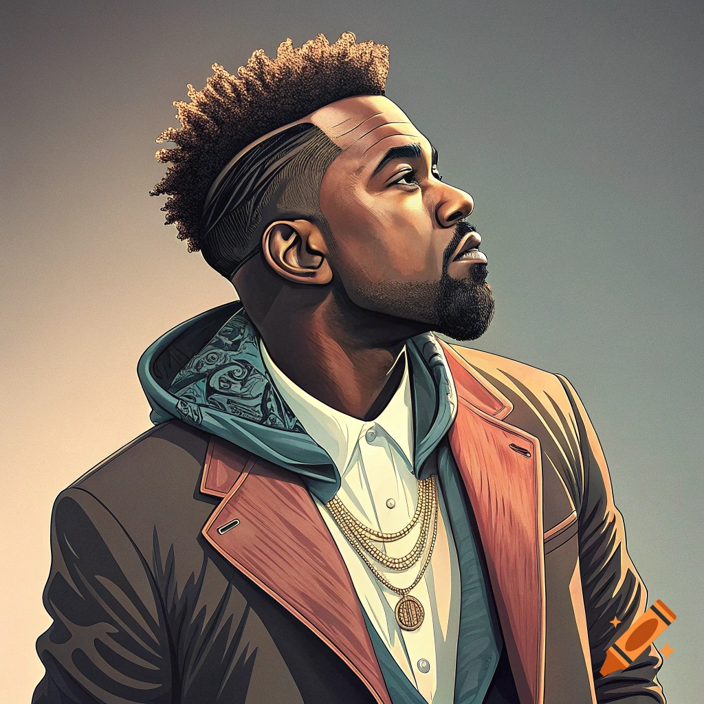 Stylized portrait of a man resembling Kanye West looking up, wearing a hoodie, jacket, and gold chains.