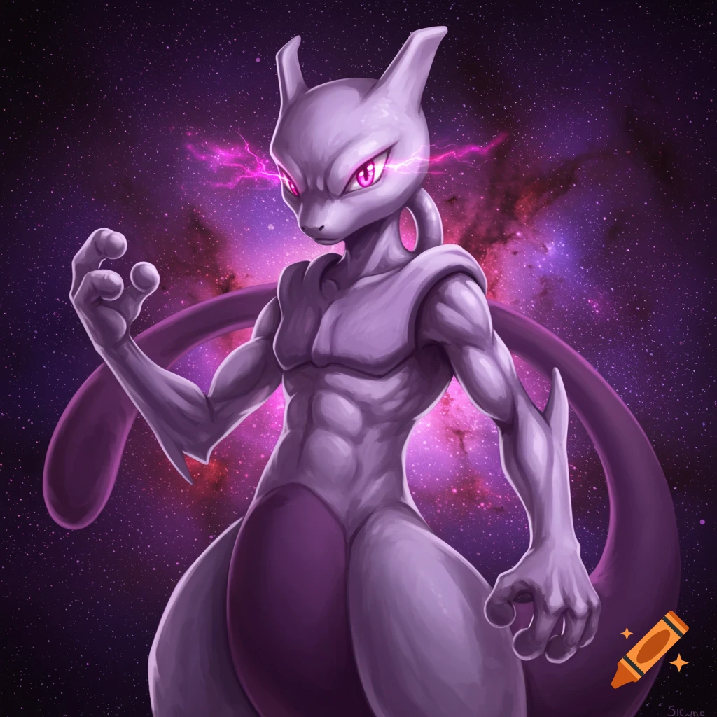 Mewtwo with glowing eyes and psychic energy against a purple space nebula.