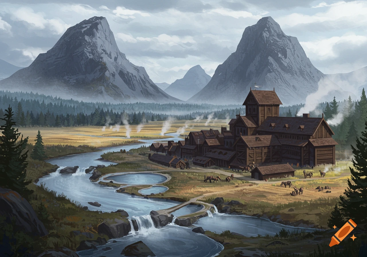 A fantasy town nestled between mountains with a river and horses.