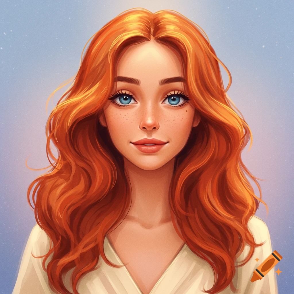 Portrait of a woman with red hair and blue eyes