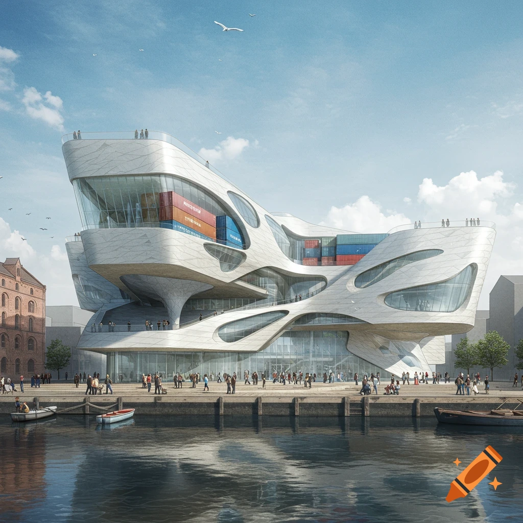 A futuristic waterfront museum building with shipping containers integrated into the facade.
