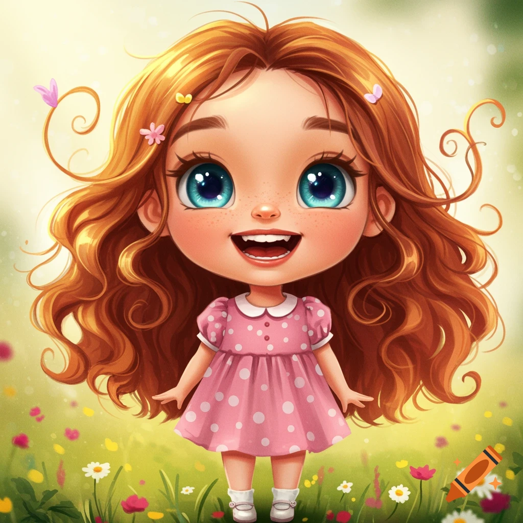 Cute cartoon girl with red hair in a pink dress stands in a field of flowers.