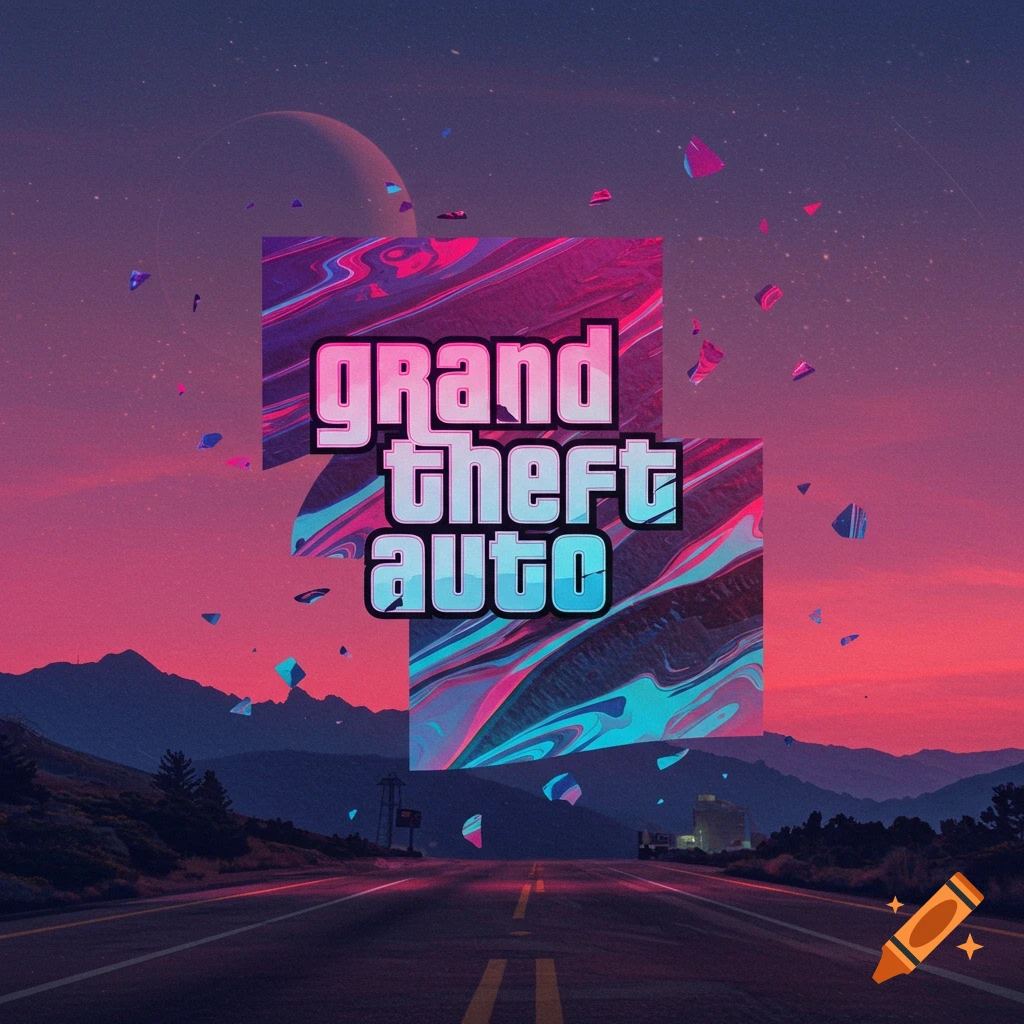 The Grand Theft Auto logo is displayed over a synthwave landscape featuring mountains, a road, and planets.