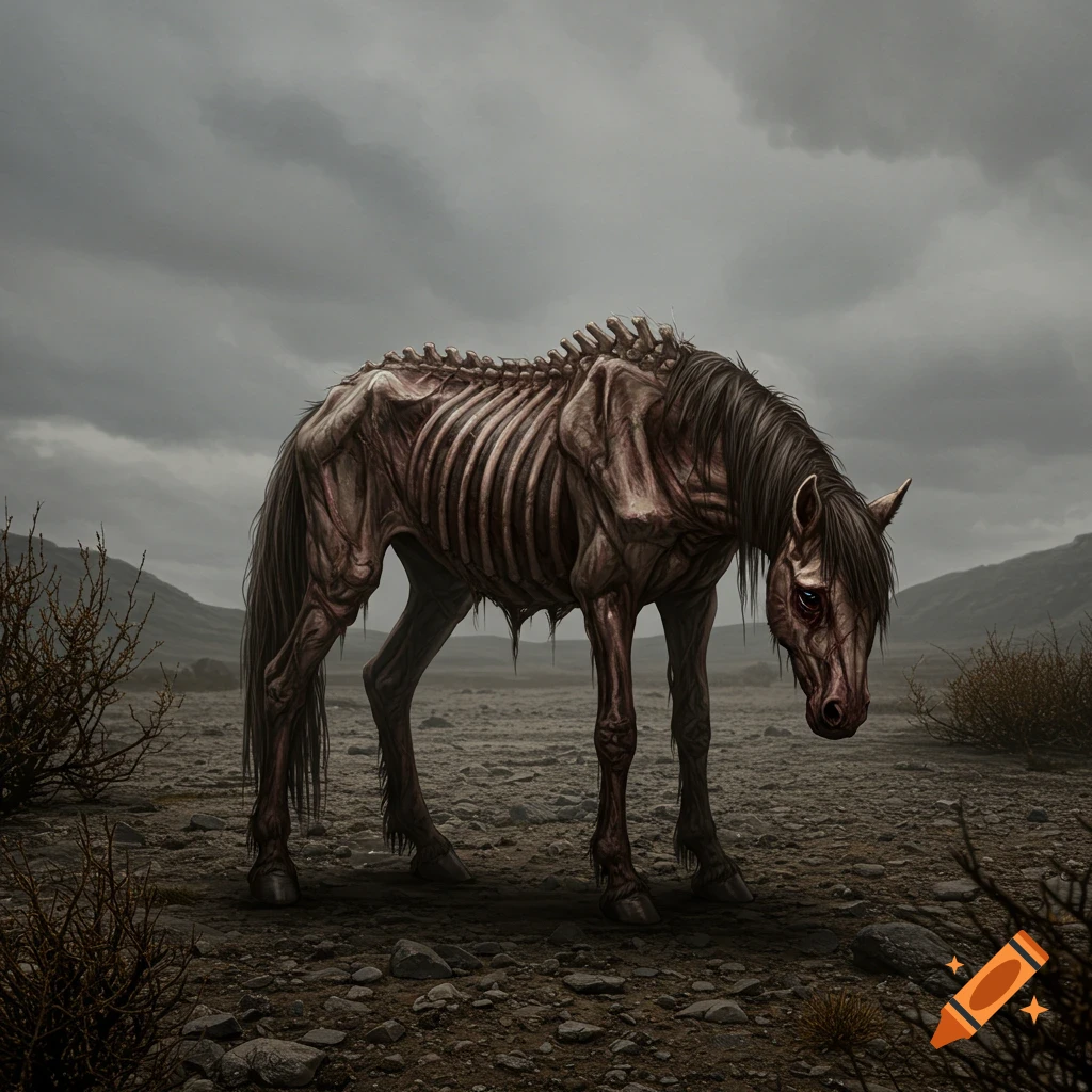 A skeletal horse stands in a desolate, rocky landscape under a stormy sky.