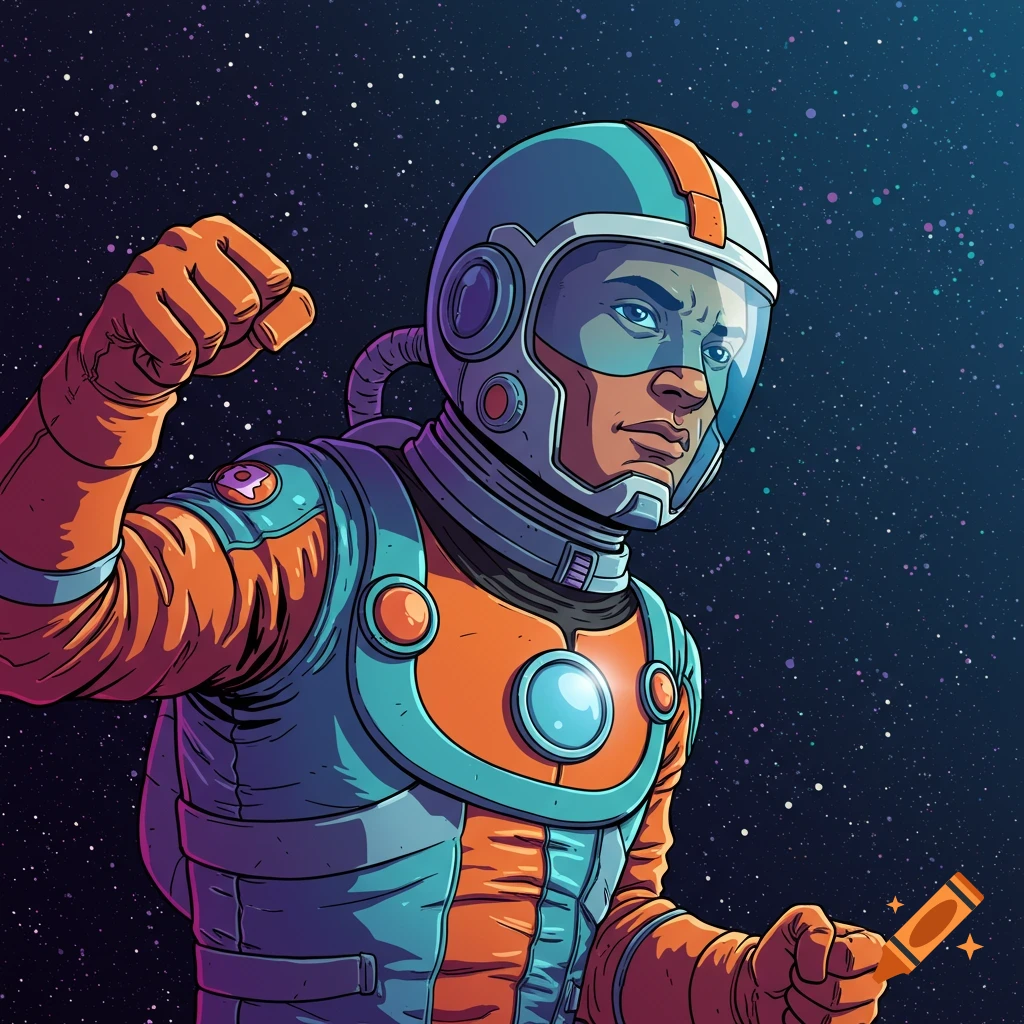 Vector graphic of a person in an orange and blue space suit clenching a fist in space with stars in the background.