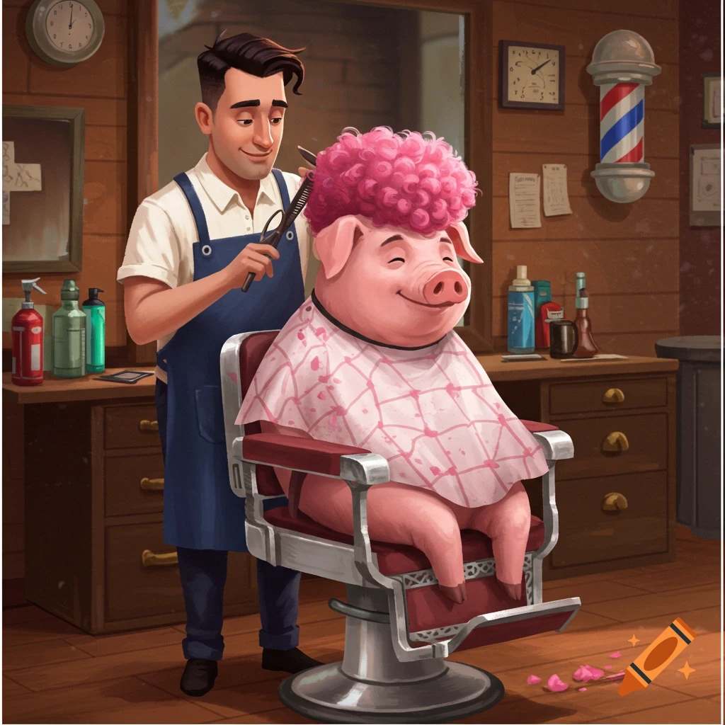 A barber is cutting a pig's pink curly hair in a barbershop.