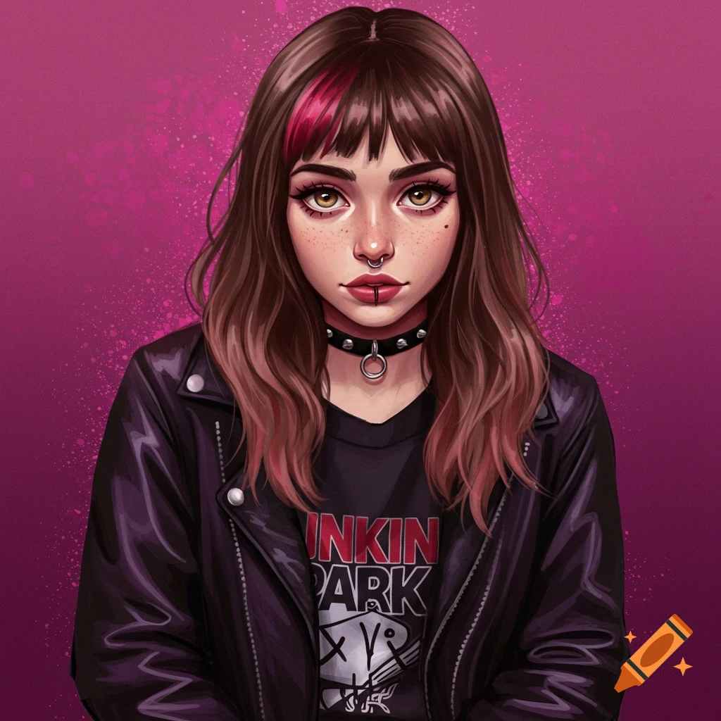 portrait of a person with brown hair and pink fringe wearing a leather jacket and band t-shirt.