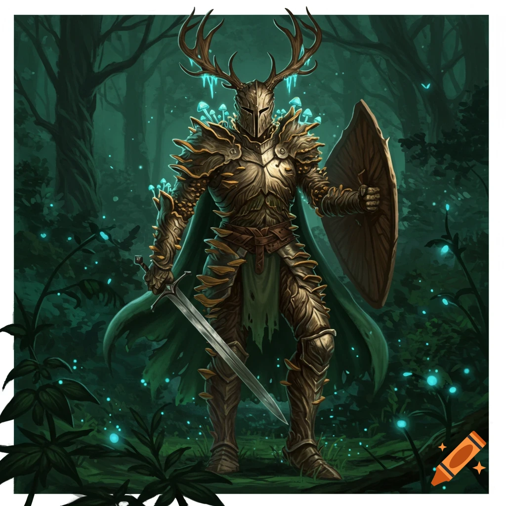 A fantasy knight in antlered, mushroom-covered armor stands in a dark forest.