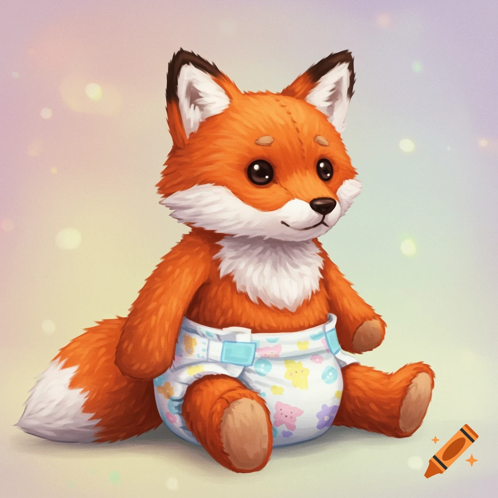 A whimsical plush fox wearing a patterned diaper, seated against a soft pastel background.