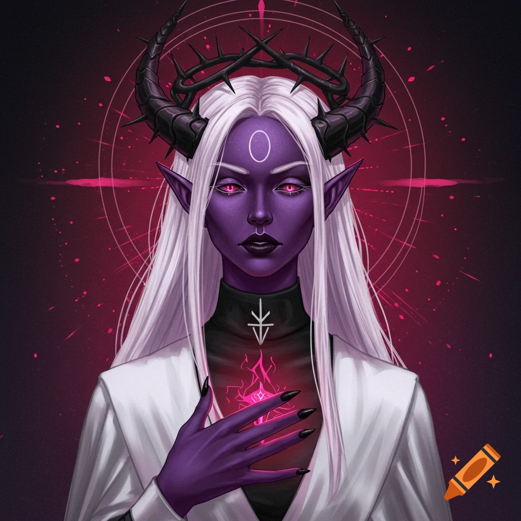 A purple-skinned fantasy character with horns, white hair, and a glowing chest symbol.