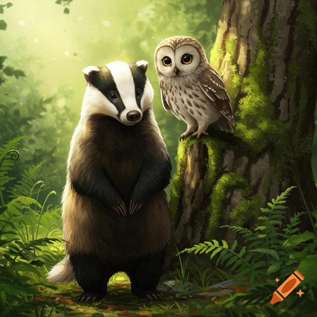 A badger standing in a forest with an owl perched on a tree trunk beside it.