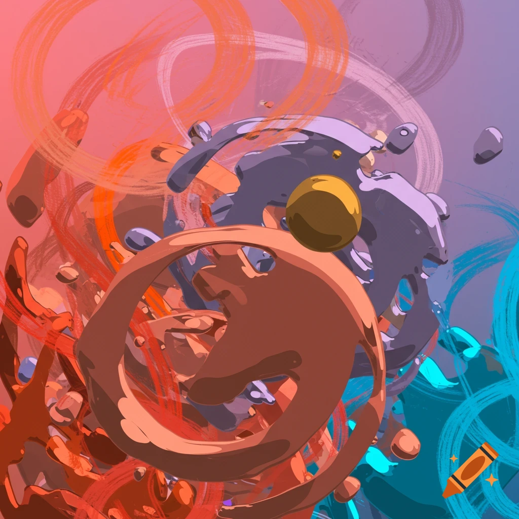 Abstract image with swirling orange, purple, and blue liquid shapes and a yellow sphere against a gradient background.