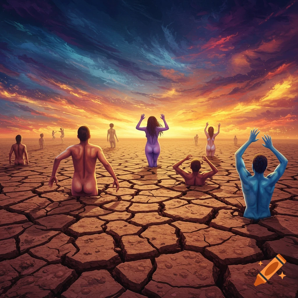 Surreal image of diverse figures emerging from cracked earth under a dramatic, colorful sky.