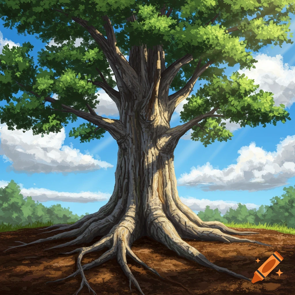 A large tree with exposed roots.
