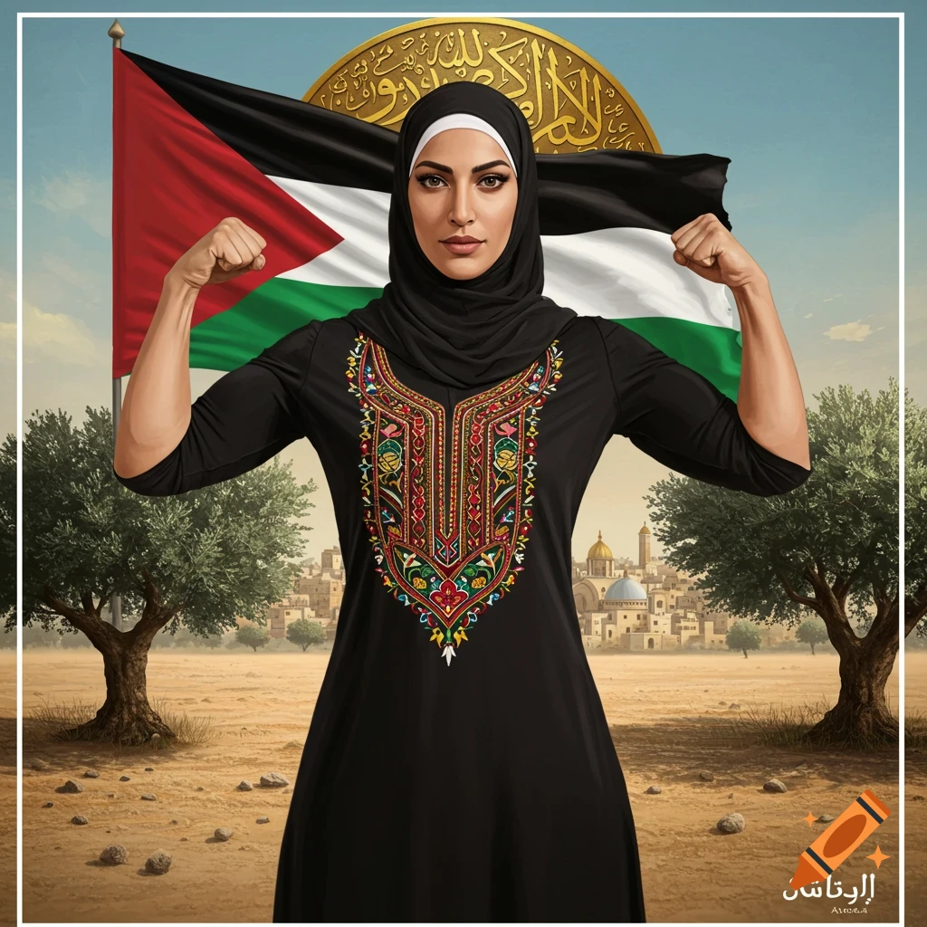 Digital art of a strong Palestinian woman in traditional thobe flexing before the Palestinian flag and a city skyline.
