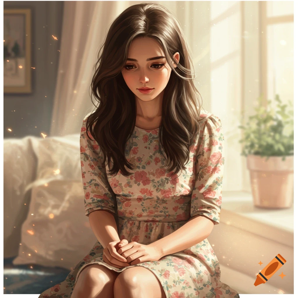 A young woman in a floral dress sitting in sunlight.