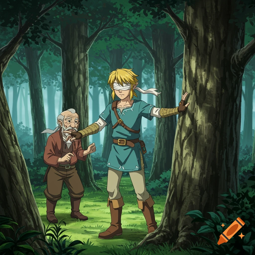 Anime illustration of a blindfolded Link being guided by an old man in a forest.