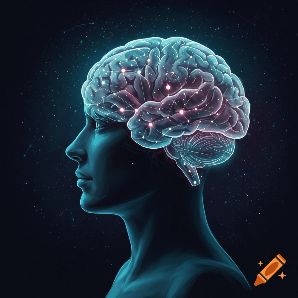 A person's head in profile is depicted, revealing a glowing brain that appears as a constellation of stars and connecting lines against a dark, starry background.
