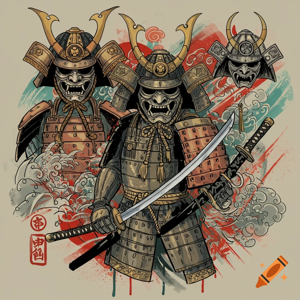Three samurai in detailed armor and masks hold swords against a stylized red, blue, and white background with waves.