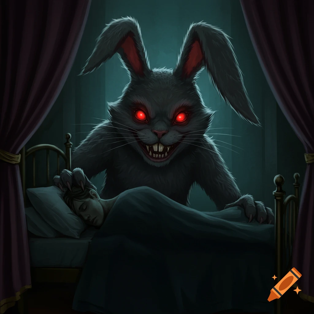 A sinister gray rabbit monster with red eyes leans over a person sleeping in bed.