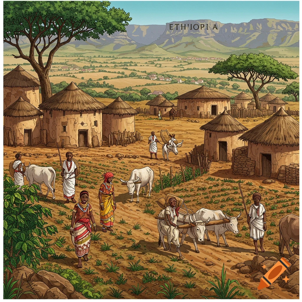 A rural Ethiopian village with huts, people, livestock, and mountains.