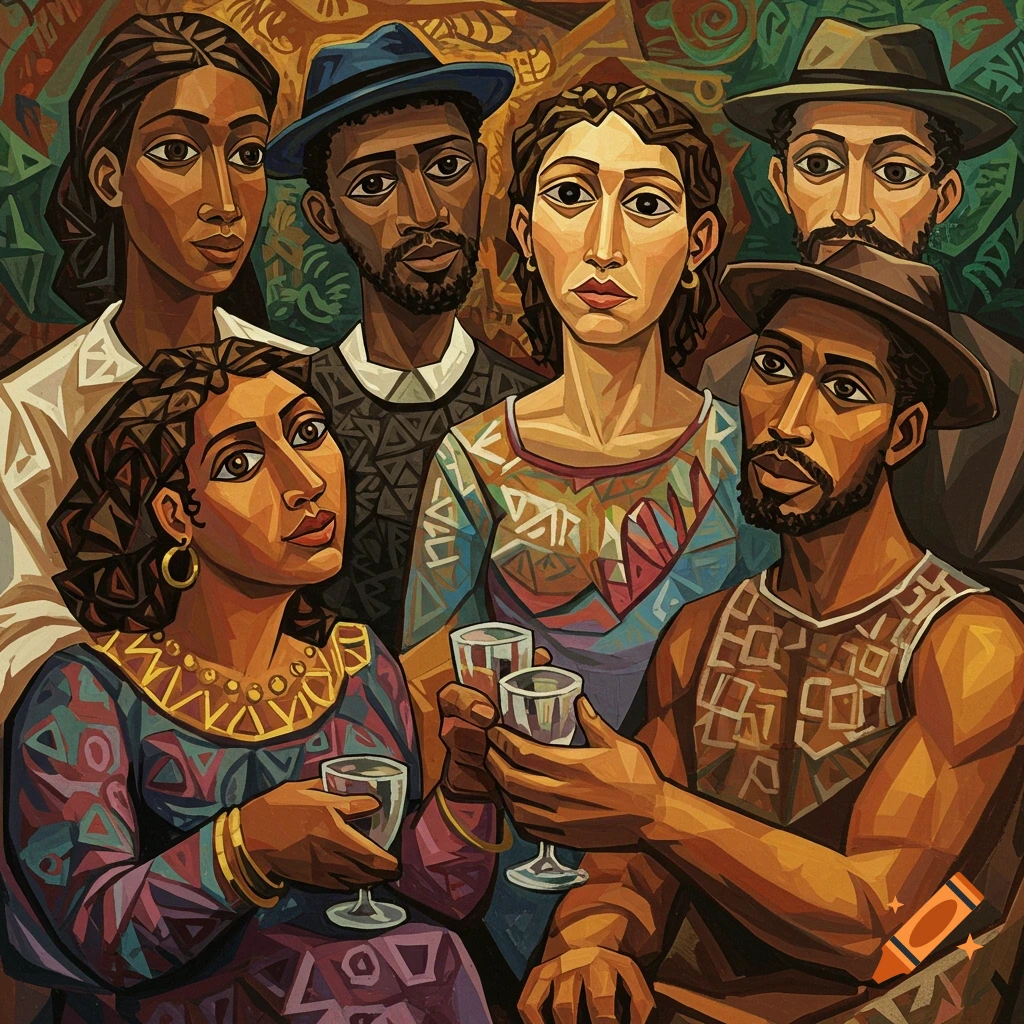 A group of people holding glasses in a stylized art style.