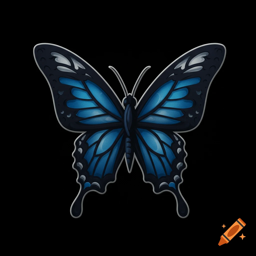 A stylized blue and black butterfly logo on a black background